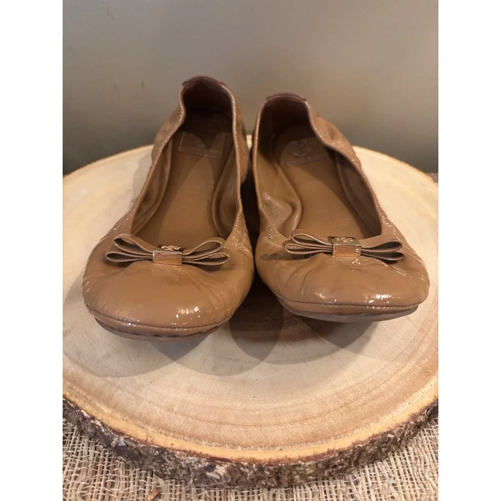 Tory Burch Eddie Bow Patent Ballet Flats Size 10.5‎ Royal Tan.